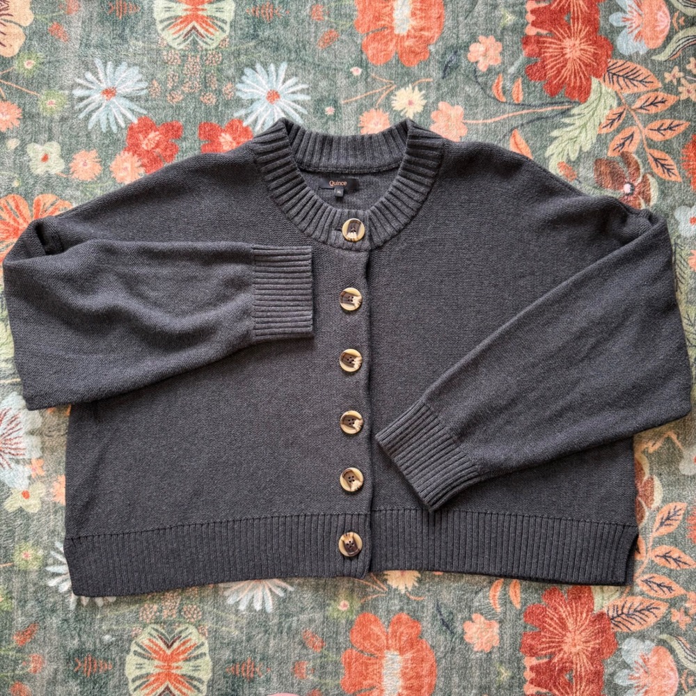 Quince 100% Organic Cotton Cropped Cardigan Charcoal Gray XL - Picture 2 of 10